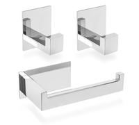 ECENCE 1x Toilet Roll holder + 2x Hooks self-adhesive, without drilling, chrome Bathroom Accessories - Stainless steel 304, Towel holder + Toilet paper holder