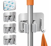 ECENCE 4 Pcs Broom Holder Wall Mounted Self-Adhesive - Device Organizer with Hook for Kitchen, Utility Room, Bathroom - Universal Holder - Silver