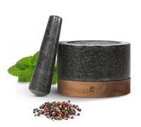 ECENCE Mortar and Pestle made from solid Granite with elegant Acacia Wood Base - Pestle and Mortar - Perfect for crushing herbs & spices - Large Stone Mortar - Diameter 11cm (4.33")