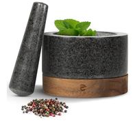 ECENCE Mortar and Pestle made from solid Granite with elegant Acacia Wood Base - Pestle and Mortar - Perfect for crushing herbs & spices - Large Stone Mortar - Diameter 15,5cm (6.1")