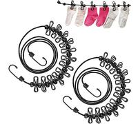 ECENCE Set of 2 Portable Travel Washing Line with Pegs - Adjustable Elastic Clothesline - Ideal Campervan Accessory & Holiday Essential - Black