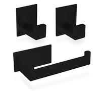 ECENCE Toilet Roll Holder with 2 Hooks Self-Adhesive 304 Steel Black | Bathroom set with toilet paper holder and 2 towel hooks, made of stainless steel 304 for installation without drilling