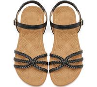 Ecetana Womens Sandals Dressy Summer: Comfortable Braided Strappy Flat Sandals with Adjustable Ankle Strap & Cushioned Footbed for Casual Walking, Black, 2 UK