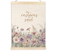 Ecezatik Purple Floral Christian He Restores My Soul Canvas Wall Art Poster Hanger, Bible Verses Psalm 23:3 Scripture Wall Decor Prints for Home Office Church Prayer Room Decorations, 12x16 Inches