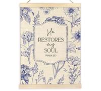 Ecezatik Vintage Blue Floral Christian He Canvas Wall Art Poster Hanger, Bible Verses Psalm 23:3 Scripture Wall Decor Prints for Home Office Church Prayer Room Decorations, 12x16 Inches