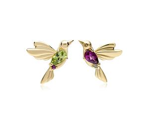 ECFEW™ 'The Creator' Mismatched Peridot & Rhodolite Hummingbird Stud Earrings Gold Plated Sterling Silver by Gemondo Jewellery