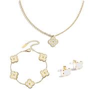 echden Lucky Four Leaf Clover Jewelry Set, 18K Diamond Necklace Pendant Earrings Bracelet for Women,Clover Jewelry Christmas Birthday Gift for Women Girls (white)