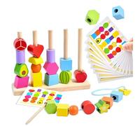 Echehi 2-in-1 Montessori Threading Toys for Toddlers, Fine Motor Skills Development, Wooden Stacking Blocks, Lacing Beads, Matching Shapes Toy