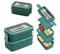 Echehi 2 Layer Lunch Box with Compartments for Adults and Kids, 950+550ml Stackable Bento Box with Cutlery & Hidden Handle, Microwave & Fridge Safe. Green