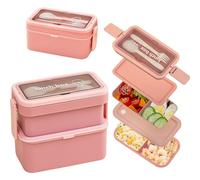 Echehi 2-Layer Stackable Lunch Box With Compartments for Adults and Kids - 950+550ml Large Capacity, Cutlery and Hidden Handle Included. Pink