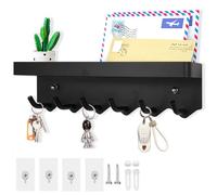 Echehi 6 Hooks Key Holder, Self Adhesive or Drilling 2 Ways Installation Wall Key Rack, Key Hooks Wall Mounted for Entrance Area, Kitchen (Black)