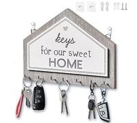 Echehi 7 Hooks Wooden Key Holder, Self Adhesive or Drilling 2 Ways Installation Key Rack, Key Hooks Wall Mounted, Key Holder for The Home(Grey)