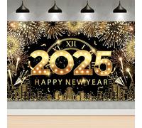 Echehi Happy New Year Banner 2025, 71 x 44 Inch XXL Fabric New Years Banner for Decorations, Black Gold happy new year banner 2025, new years eve decorations 2025
