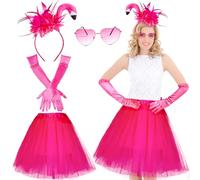 Echehi Women's Flamingo Costume: Carnival Costume Women with Flamingo Headband, 50 cm Pink Tulle Skirt, Pink Gloves & Heart-Shaped Sunglasses