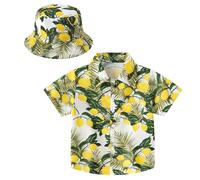 Echinodon Little & Big Boys Hawaiian Shirt Summer Button Down Shirts with Hat Kids Beach Floral Short Sleeve Shirt Lemon 150