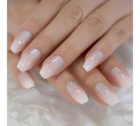 EchiQ Holo Glitter Pink Nude French Ballerina Coffin False Nails Gradient Natural Press on Fake Nails Tips Daily Office Finger Wear