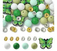 Echoed Elegance 62Pcs Butterfly Silicone Beads Soft Focal Beads for Keychain Round Loose Beads Glass Rhinestone Spacer Beads for Jewelry Making Bracelets Lanyard Pen Making Decor Green
