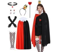 EchoElce 7 Pcs Queen Heart Accessories with Red and Black Cape Gloves Stockings Earrings Queen Crown Heart Wand and Collar for Adult Women Halloween Cosplay