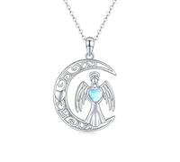ECHOOY Moonstone Angel Wings Necklace 925 Sterling Silver Heart Mother's Day Pendant Crescent Moon Necklace You Are My Angel Guardian Jewellery Gifts for Women Girls Birthday