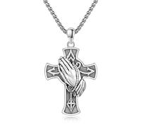 ECHOOY Praying Hands Cross Necklace Sterling Silver Serenity Prayer Necklace Christian Crucifix Cross Religious Amulet Prayer Hand Jewellery Gifts for Men Father's Day Birthday Christmas