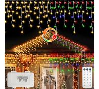 echosari Christmas Icicle Lights Battery Operated 300 LED 23Ft Dual Color Changing Icicle Lights 60 Drops with Remote Waterproof for Eaves Roof Fence Decor (Warm White & Multi-Color)