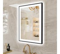 EchosLife 500x700mm LED Bathroom Mirrors for Wall -Black Aluminum Framed (Front and Backlit), Anti-Fog Vanity Mirror With Lights,Stepless Dimmable Lighted Mirror,3 Colors Smart