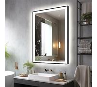 EchosLife 600x800mm Tempered Glass Bathroom Mirror with LED Lights, Black Aluminum Framed Digital Mirror (Front and Backlit), Anti-Fog, Stepless Dimmable Bathroom Mirror, 3 Colors Smart Mirror