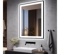 EchosLife 70x90 LED Bathroom Mirror for Wall -Black Aluminum Framed (Front and Backlit), Anti-Fog Vanity Mirror with Lights,Stepless Dimmable Lighted Mirror,3 Colors Smart Mirror(Horizontal/Vertical)