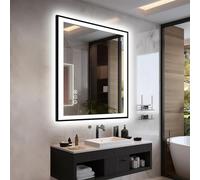 EchosLife 800x900mm Bathroom Mirror with LED Lights, Tempered Glass Black Aluminum Framed (Front and Backlit), Anti-Fog Digital Mirror, Stepless Dimmable Bathroom Mirror,3 Colors Smart Mirror