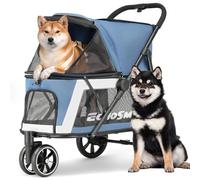 EchoSmile Dog Pram for Medium and Large Dogs up to 40 kg, Foldable Dog Buggy with Mesh Windows, Adjustable Handle and 3 Off-Road Wheels (Blue + White)