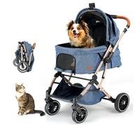 EchoSmile Small Medium Dogs Stroller 4-Wheel Pet Strollers for Medium Dogs Up to 50lbs, One Click Folding Large Cat Stroller, Reversible Handle, Shock Absorbing Wheels, Removable Washable Pad, Blue