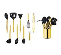 ECHTWERK EW-KS-1002G, 10-Piece, Kitchen Stainless Steel Handle, Set with Utensil Holder, Cooking Accessories, Non-Stick Silicone Household Helper, Gold Edition