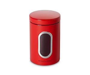 ECHTWERK Stylish Storage Jars Single, Red, for Storing Flour, Sugar, Cereal, Tea, Metal Tin with Airtight Lid and Large Viewing Window, Capacity 1.4 L