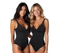 ECIFEE Zip Shapewear Bodysuit for Women V-Neck Full Body Suit Tummy Control Butt Lifting Shaper, Onyx Brief, 2p, X-Large