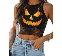 Eciodci Women's Halloween Crop Top 3D Skeleton Skull Pumpkin Printed Soft Summer Sleeveless Crop Tank Tops for Women, Halloween 11, L