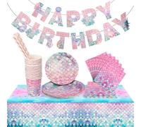 Eclare Mermaid Party Tableware Set, 86PCS Mermaid Party Decorations Mermaid Napkins, Straws, Tablecloths, Cups, Plates and Banner for Mermaid Birthday Decorations