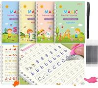 Eclet Magic Book for Kids, Sank Magic Practice Copybook, (4 Books+10 Refill+1 Pen + 1 Grip) Number Tracing Book for Pre-Schoolers with Pen, Magic Calligraphy Copybook Set Writing Tool for Kids (A)