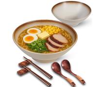 ECLIO Porcelain Ramen Bowl Set of 2-1000ml 34-Oz with Wooden Chopsticks, Spoons & Rests-Japanese Large Ramen Bowl for Noodle Soup Salad Pho Cereal Pasta-Microwave & Dishwasher Safe-Presentable Gift