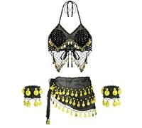 ECMQS Exotic Stage Outfit with Flowy Fringe Top | Shining Sequins Waist Scarf, Flowy Fringe Top, Sparkling Waist Wrap for Themed Occasions and Formal Celebrations