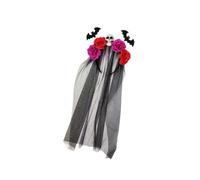 ECMQS Halloween Skull Bat Floral Headband with Black Tulle Veil, A
