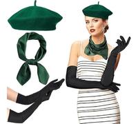 ECMQS Parisian French Theme Costume Accessories Set | Stretchy Wool Berets Hat Satins Scarf and Long Gloves for Theme Event 1980s Vintage Halloween Party Outfit