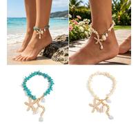 ECMQS Sea Inspired Anklet for Women Star Charm Shell | Star Charm Shell Accent Faux Pearl Look Jewelry for Warm Weather Wear, Daily Outfit Wear, Beach Party Women