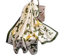 EcNextzen Silk Feeling Long Satin Scarf Fashion Beach Scarf Shawl Check Style Sunscreen Shawls Wraps-Lightweight Pattern, Beige Green-flower