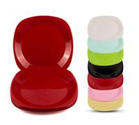 ECO 4 Pc Unbreakable Flat 19 x 19 cm Red Square Plastic Plates | Small Bright Flat Kids Plates | Stackable Plastic Plates Reusable for Birthdays, Picnic, BBQ & Parties (Red, Small)