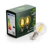 ECO 4W Golf Ball LED Filament Light Bulb (G45), 40W Equivalent, 470 Lumens, Warm White 2700K, E14 Small Edison Screw (SES), Non-Dimmable, 25,000hrs Lifetime.