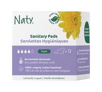 Naty Sanitary Towels Super with Wings | 100% Certified Organic Cotton top Sheet | Certified Skin-Safe Period Pads | Unscented, 0% Conventional Plastic| Absorbent Protection | 12 Pads