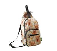 ECO CHIC Lightweight Foldable Crossbody Bag Recycled Plastic Shoulder Backpack Folds Into Pouch for Storage (Floral Highland Cow Beige)