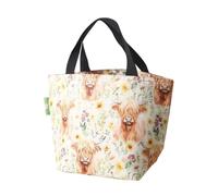 ECO CHIC Lightweight Foldable Insulated Lunch Bag Water Resistant Cooler Bag (Floral Highland Cow Beige)