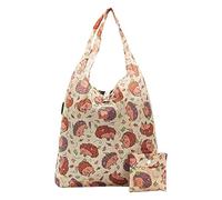 Eco Chic Lightweight Foldable Reusable Shopping Bag | Water Resistant Shopping Tote Bag | Folds Into Attached Pouch for Storage | Made from Recycled Plastic Bottles (Hedgehog Beige)