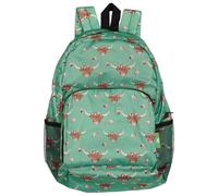 Eco Chic Lightweight Foldable Water Resistant Backpack Rucksack Folds into Pouch for Storage (Floral Highland Cow Green)